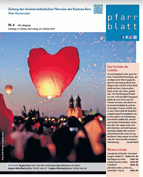 Cover der Zeitschrift pfarrblatt im Kanton Bern, die das Buch "Traumhaft schlägt das Herz der Liebe" empfiehlt
